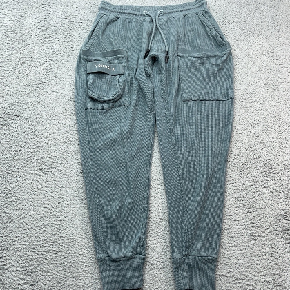 YoungLA Cargo Joggers Mens L Teal Blue Waffle Knit Thermal Sweatpants Streetwear